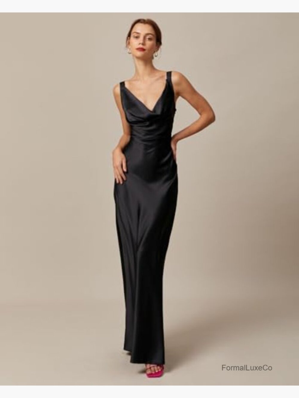 Satin Cowl Neck Sleeveless Bodycon Maxi Dress Formal Wedding Guest - Picture 4 of 7